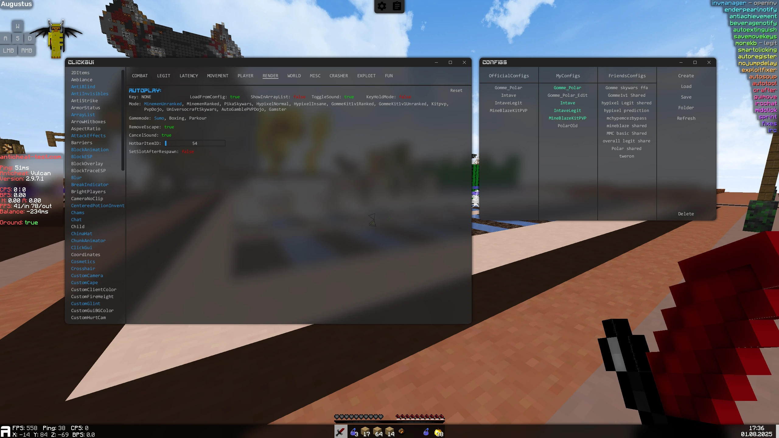ClickGUI in the Augustus Client